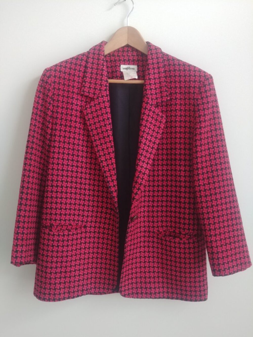 Vintage made in Canada wool blend blazer jacket pink black houndstooth 8